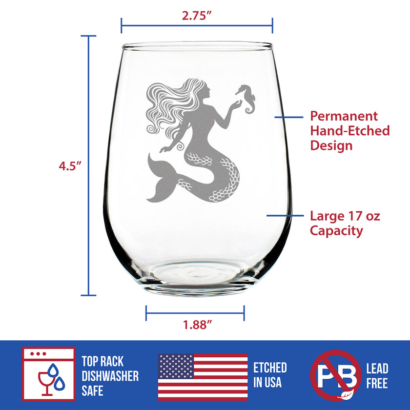 Mermaid Stemless Wine Glass - Fun Mermaids Themed Decor and Gifts for Beach Lovers - Large 17 Oz Glasses