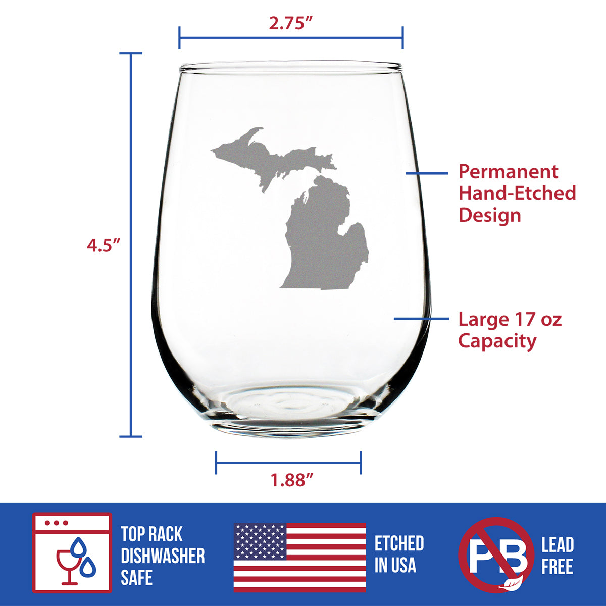Michigan State Outline Stemless Wine Glass - State Themed Drinking Decor and Gifts for Michigander Women & Men - Large 17 Oz Glasses