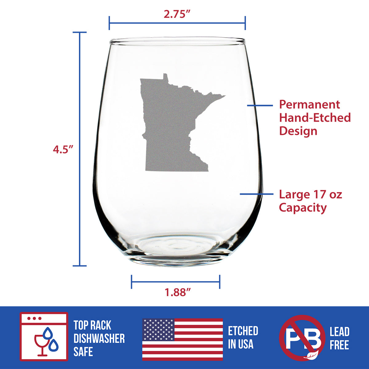 Minnesota State Outline Stemless Wine Glass - State Themed Drinking Decor and Gifts for Minnesotan Women &amp; Men - Large 17 Oz Glasses
