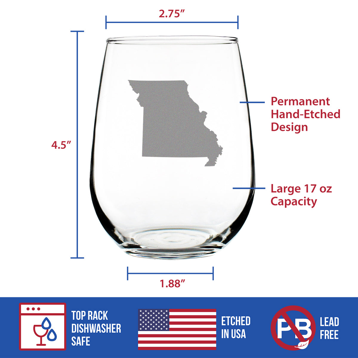 Missouri State Outline Stemless Wine Glass - State Themed Drinking Decor and Gifts for Missourian Women & Men - Large 17 Oz Glasses