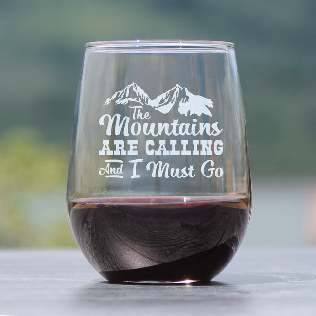 Mountains Are Calling – Cute Funny Stemless Wine Glass, Large 17 Ounces, Etched Sayings, Gift Box