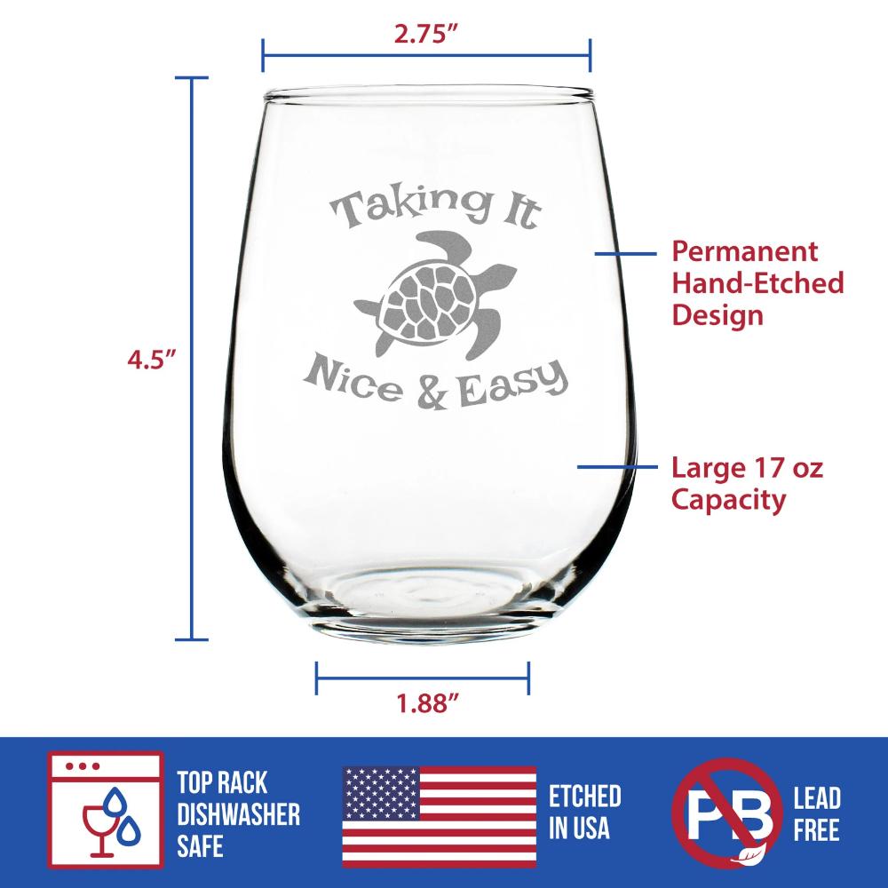 Taking It Nice &amp; Easy - Sea Turtle Stemless Wine Glass - Large Glassware - Unique Funny Etched Turtles Gift Glasses