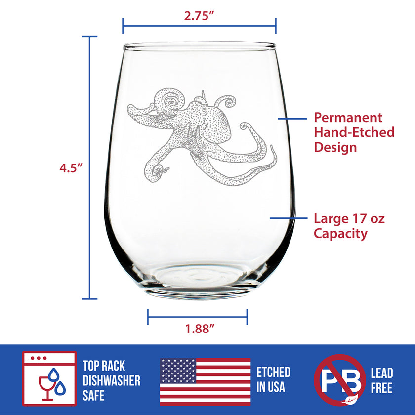 Octopus Engraved Stemless Wine Glass, Unique Decorative Gifts for Beach House, Cute Birthday Gift for Women Who Love Octopuses