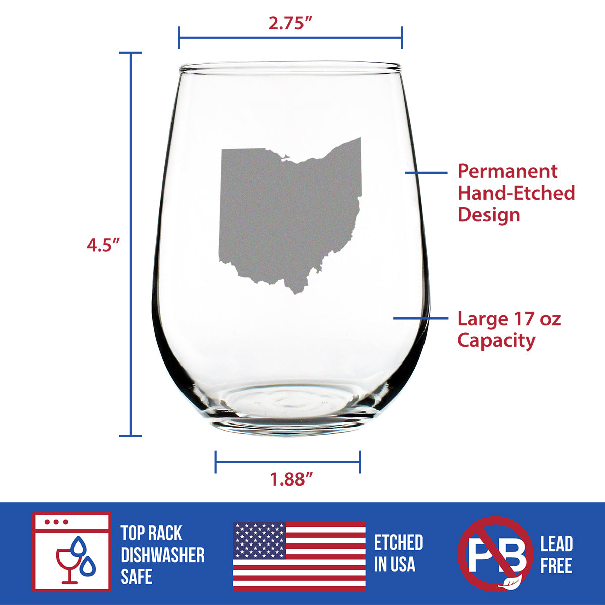 Ohio State Outline Stemless Wine Glass - State Themed Drinking Decor and Gifts for Ohioan Women &amp; Men - Large 17 Oz Glasses