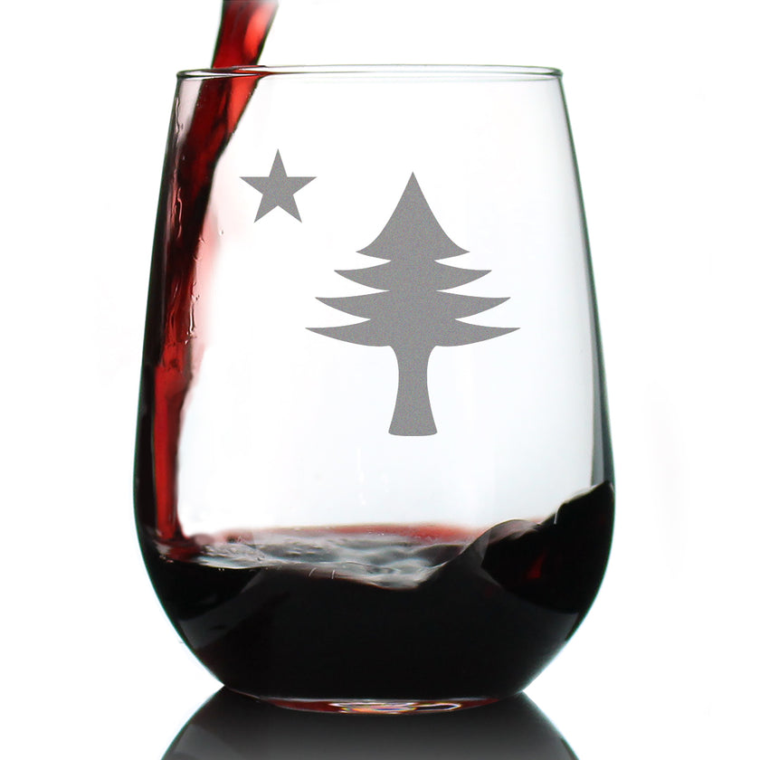 Old Maine Flag Stemless Wine Glass - Original 1901 State of Maine Flag Gifts for Women & Men Mainers - Large Engraved 17 Oz Glasses