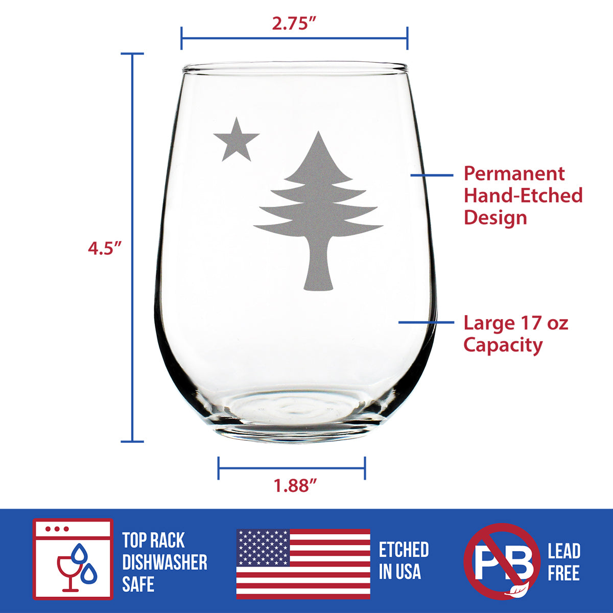 Old Maine Flag Stemless Wine Glass - Original 1901 State of Maine Flag Gifts for Women &amp; Men Mainers - Large Engraved 17 Oz Glasses