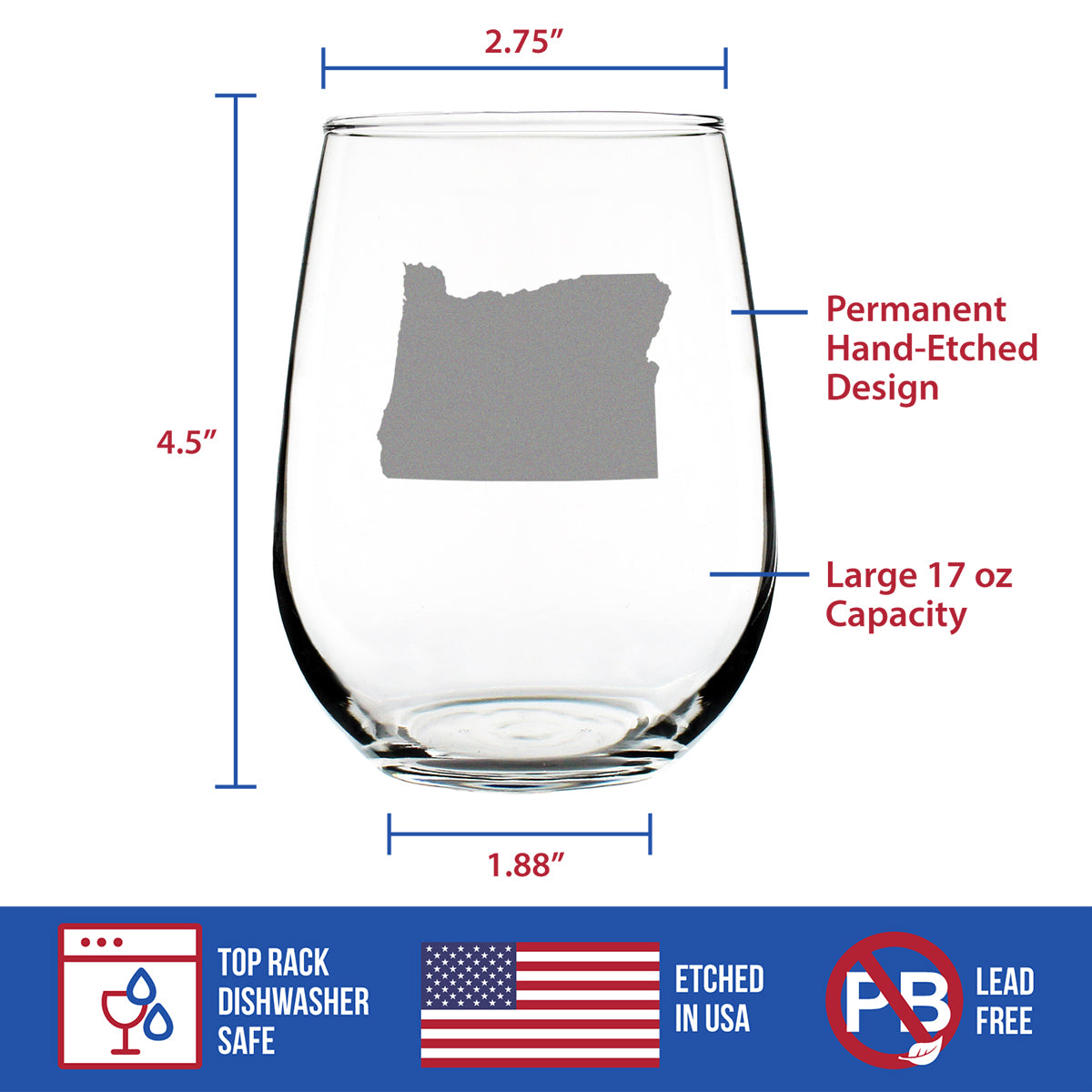 Oregon State Outline Stemless Wine Glass - State Themed Drinking Decor and Gifts for Oregonian Women &amp; Men - Large 17 Oz Glasses