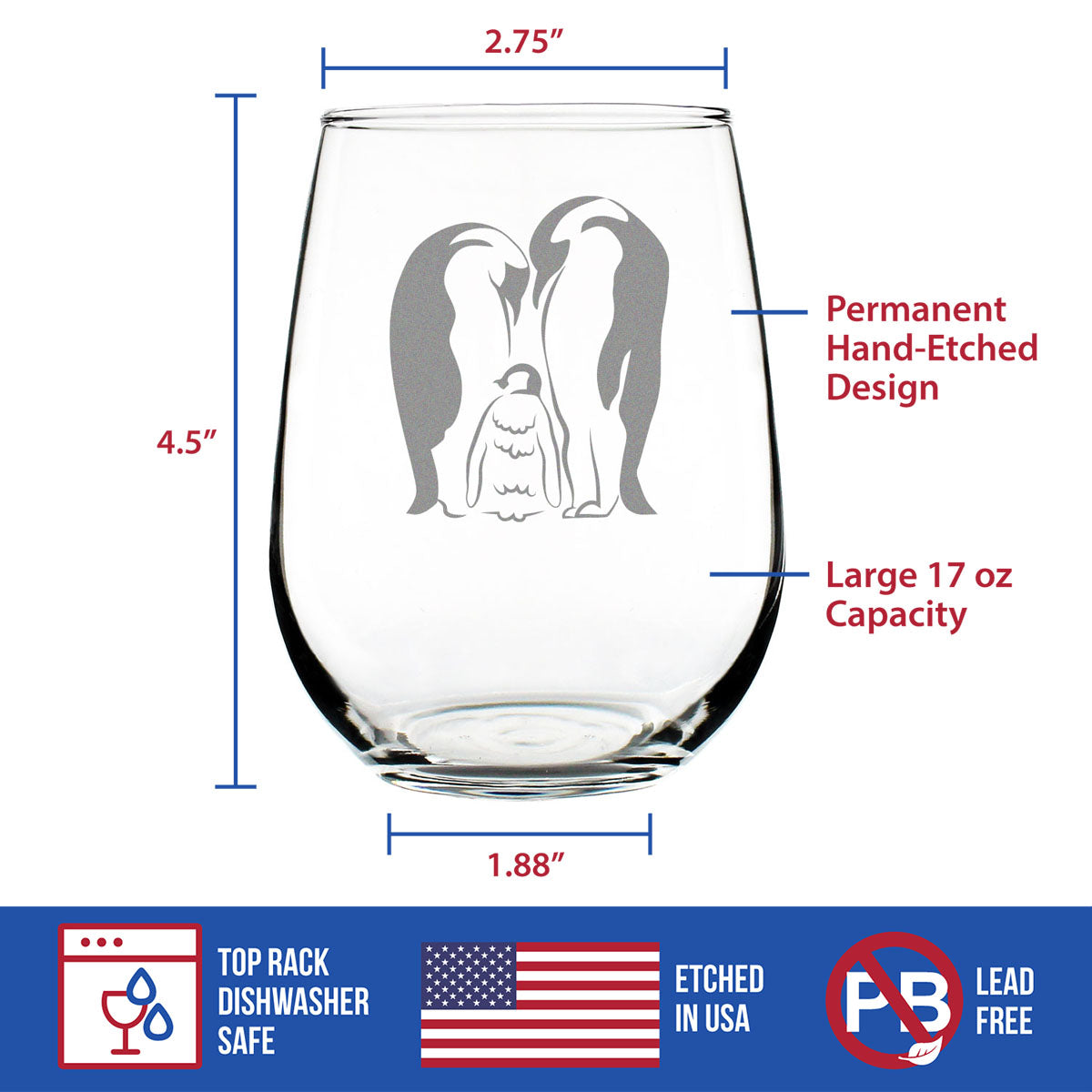 Penguin Family - Stemless Wine Glass - Mom, Dad, Baby Penguin Themed Gifts and Decor - Large 17 oz