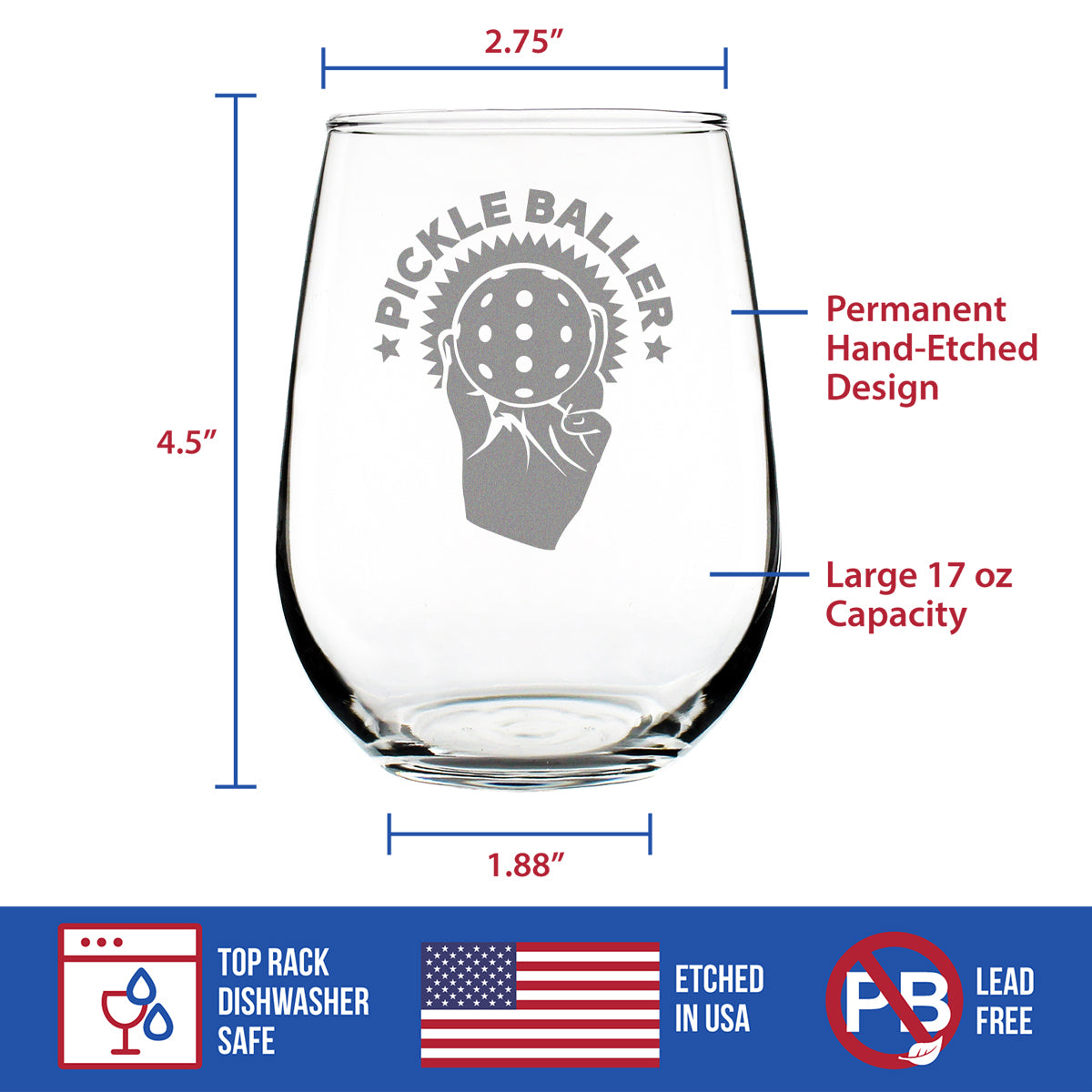 Pickleballer - Stemless Wine Glass - Funny Pickleball Themed Decor and Gifts - Large 17 Oz Glasses