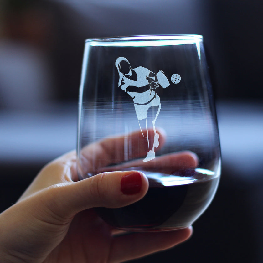 Pickleball Player Female - Stemless Wine Glass - Funny Pickleball Themed Decor and Gifts - Large 17 Oz Glasses