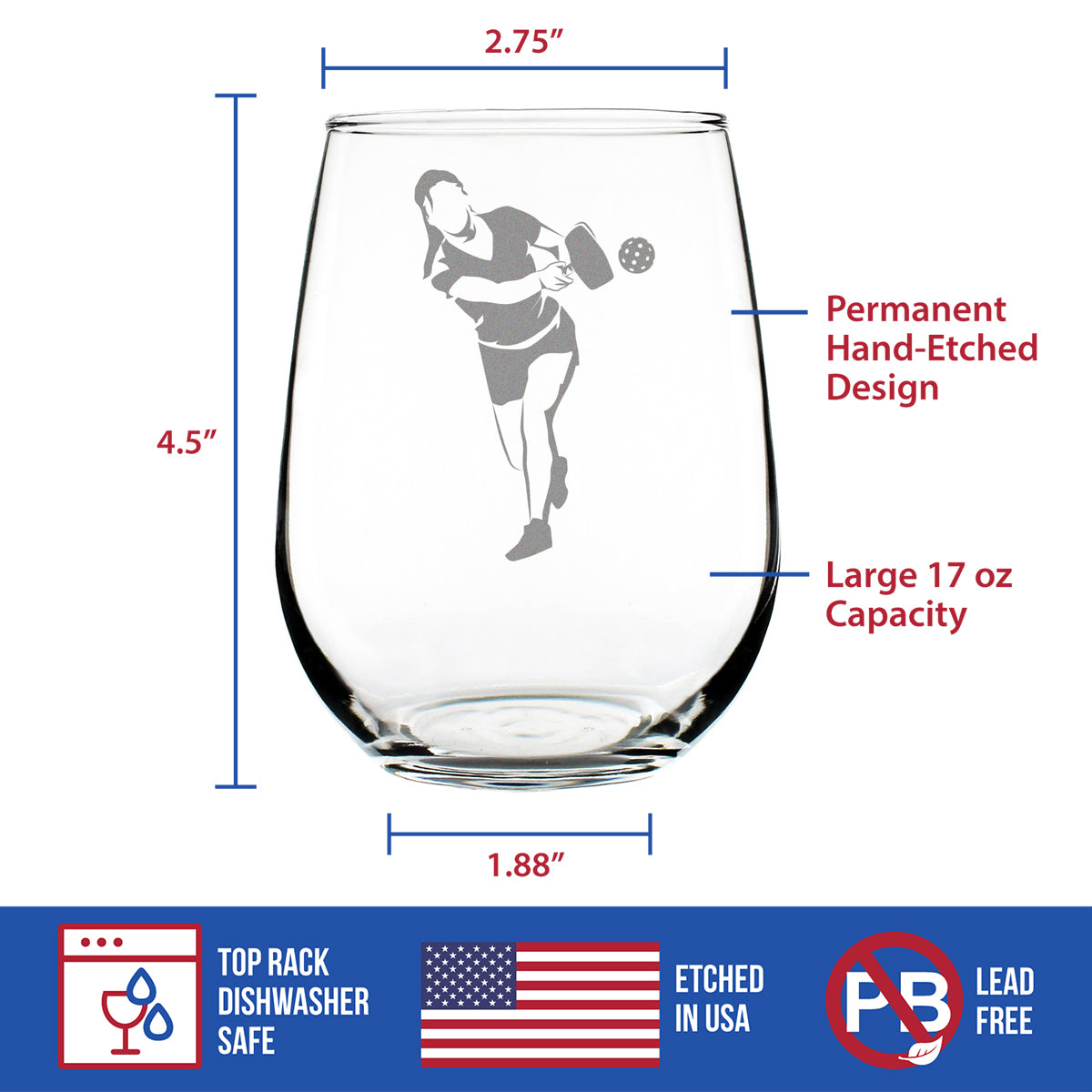 Pickleball Player Female - Stemless Wine Glass - Funny Pickleball Themed Decor and Gifts - Large 17 Oz Glasses