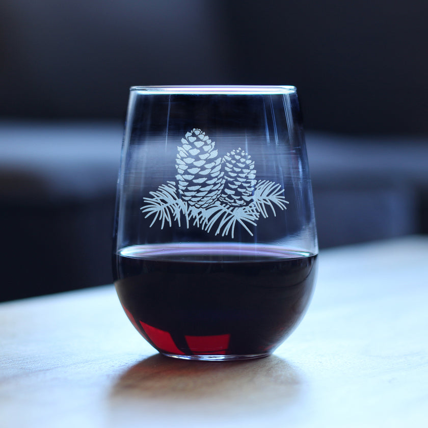 Pine Cone Stemless Wine Glass - Rustic Themed Pinecones Decor and Cabin Gifts for Women and Men - Large 17 Oz Glasses