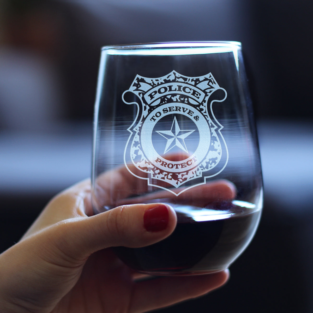 Police Badge Engraved Stemless Wine Glass, Unique Gifts for Police Officers, Law Enforcement Gift