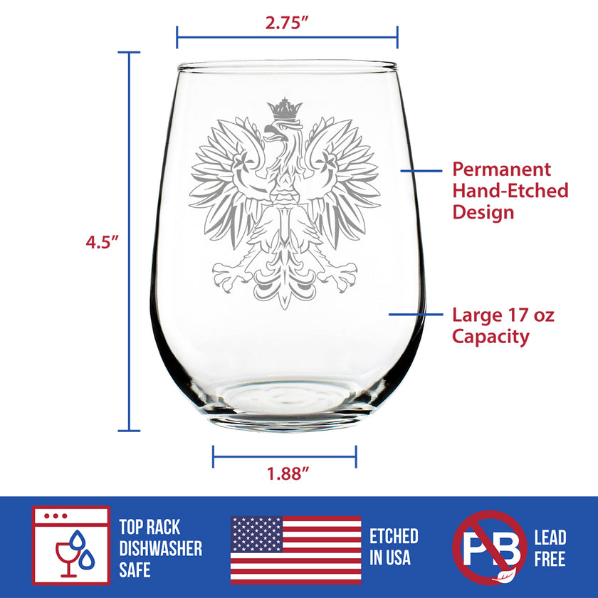 Polish Eagle - Engraved Stemless Wine Glass, Party Cup for Poles, Unique Poland Gifts