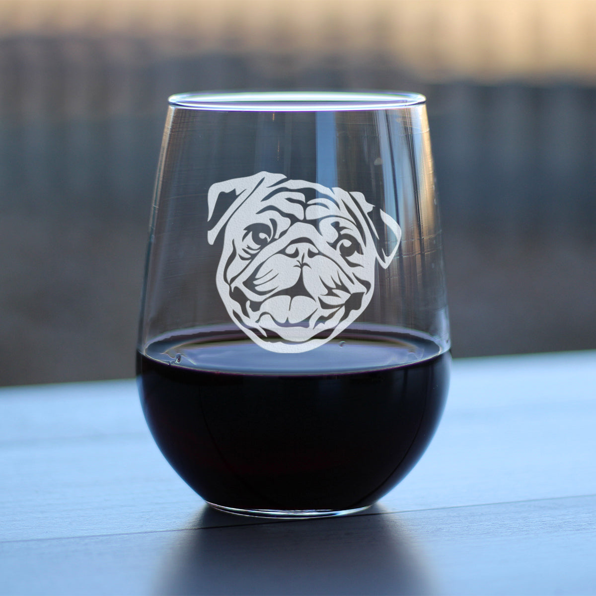 Happy Pug Stemless Wine Glass - Cute Dog Themed Decor and Gifts for Moms &amp; Dads of Pugs - Large 17 Oz Glasses