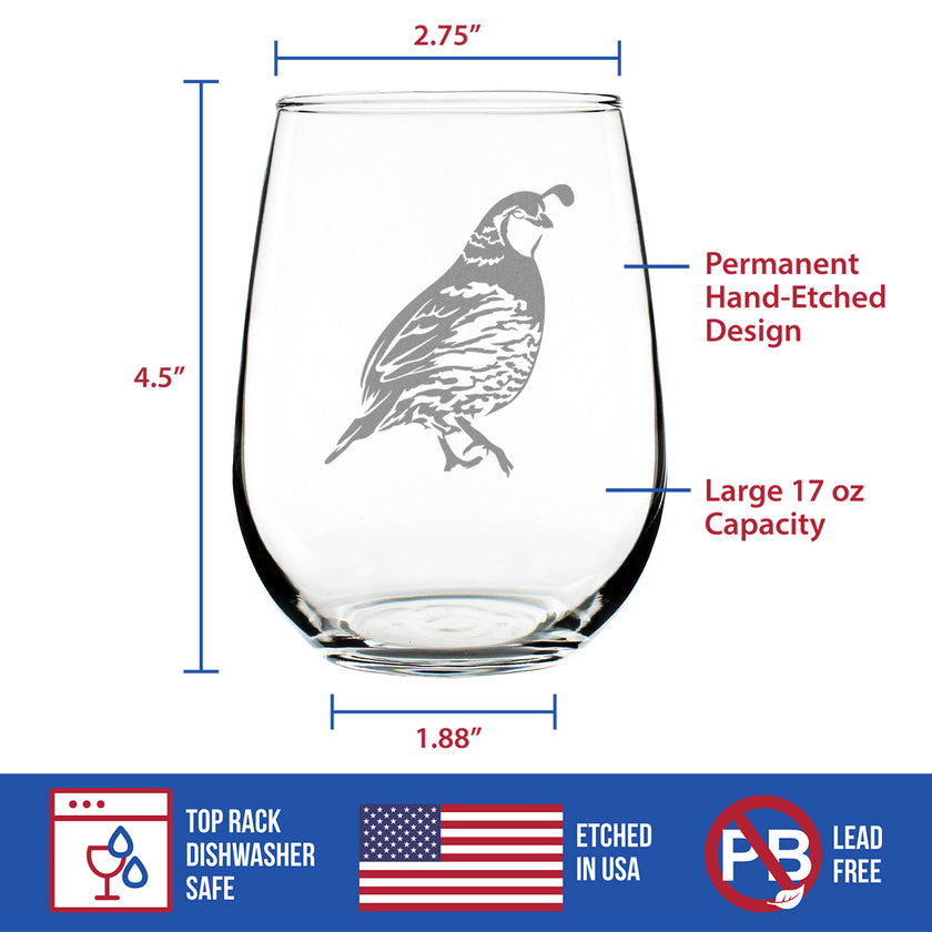 Quail Stemless Wine Glass - Fun Bird Themed Gifts and Decor for Men & Women - Large 17 Oz Glasses
