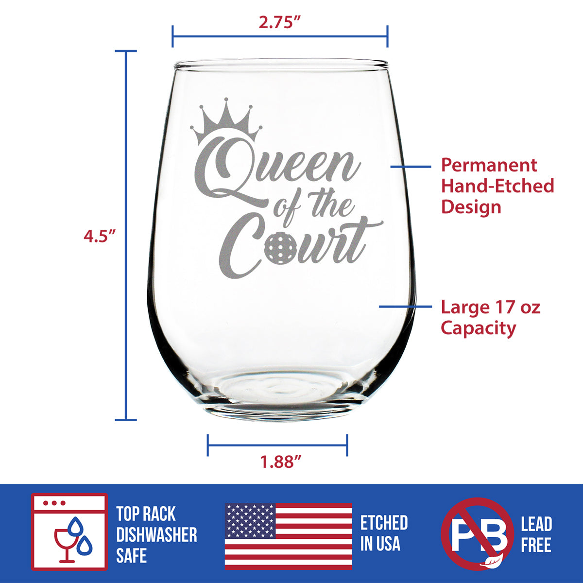Queen of the Court - Stemless Wine Glass - Funny Pickleball Themed Decor and Gifts - Large 17 Oz Glasses
