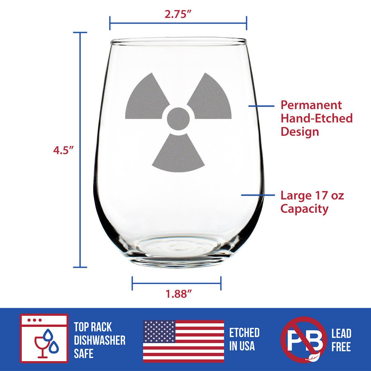 Radiation Symbol Stemless Wine Glass - Unique Engraved Gifts for Medical Professionals, Nurses &amp; Radiologists
