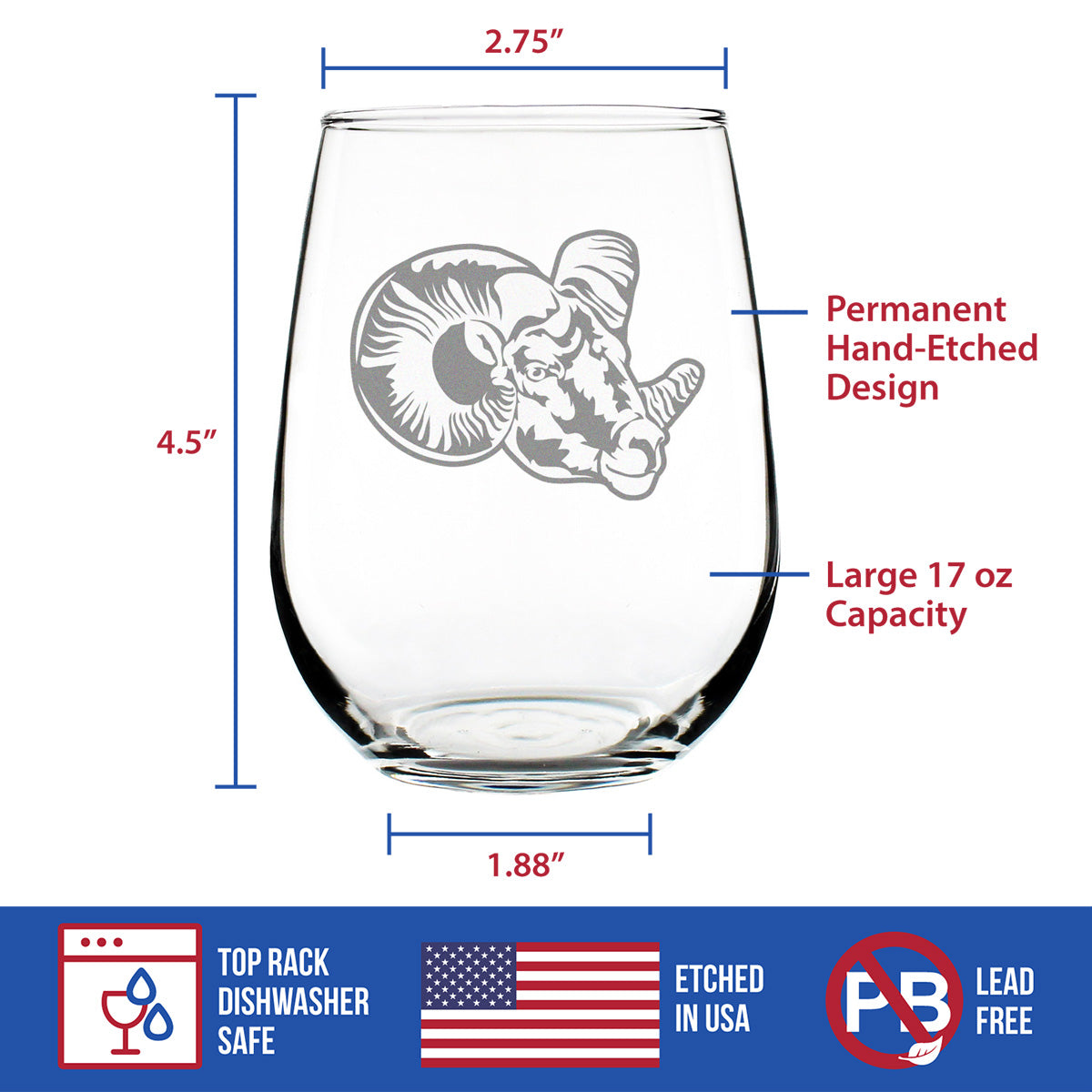 Ram Face Stemless Wine Glass - Bighorn Sheep Themed Decor and Gifts for Rocky Mountain Animal Lovers - Large 17 Oz Glasses