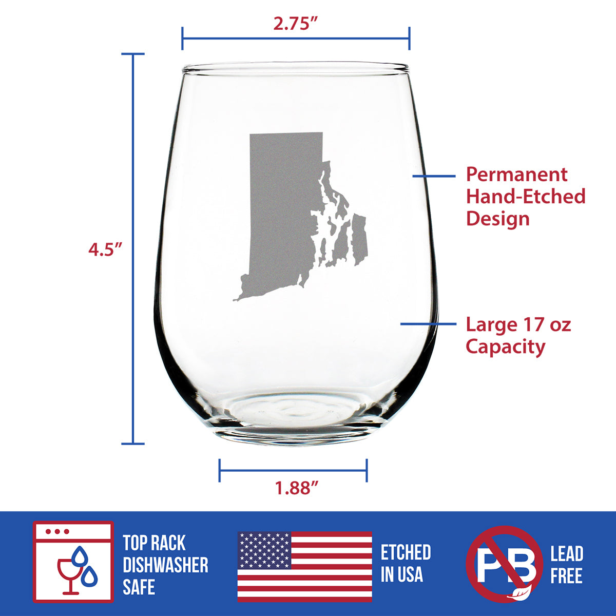 Rhode Island State Outline Stemless Wine Glass - State Themed Drinking Decor and Gifts for Rhode Islander Women &amp; Men - Large 17 Oz Glasses