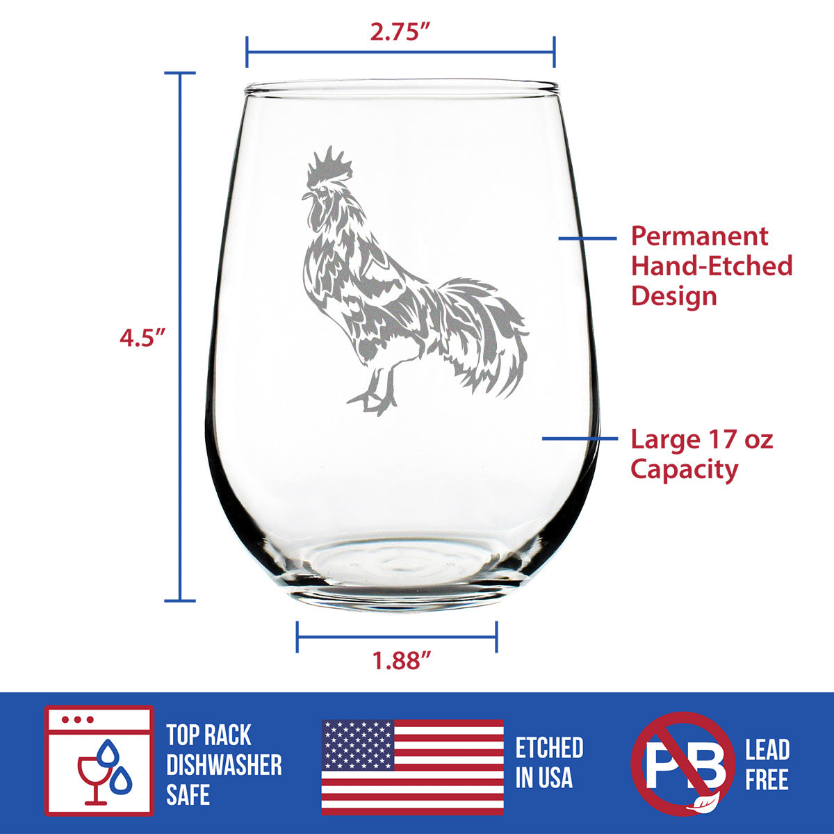 Rooster Stemless Wine Glass - Cute Funny Farm Animal Themed Decor and Chicken Gifts - Large 17 Oz