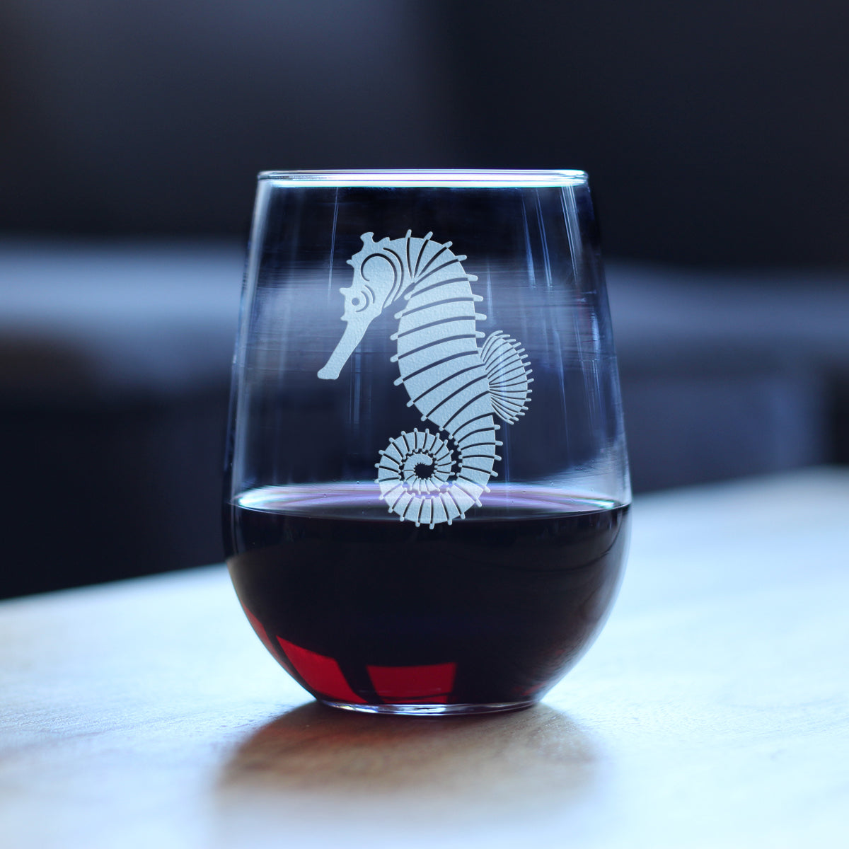 Seahorse Stemless Wine Glass - Unique Beachy Summer Gifts and Beach House Decor - Large 17 Oz Glasses