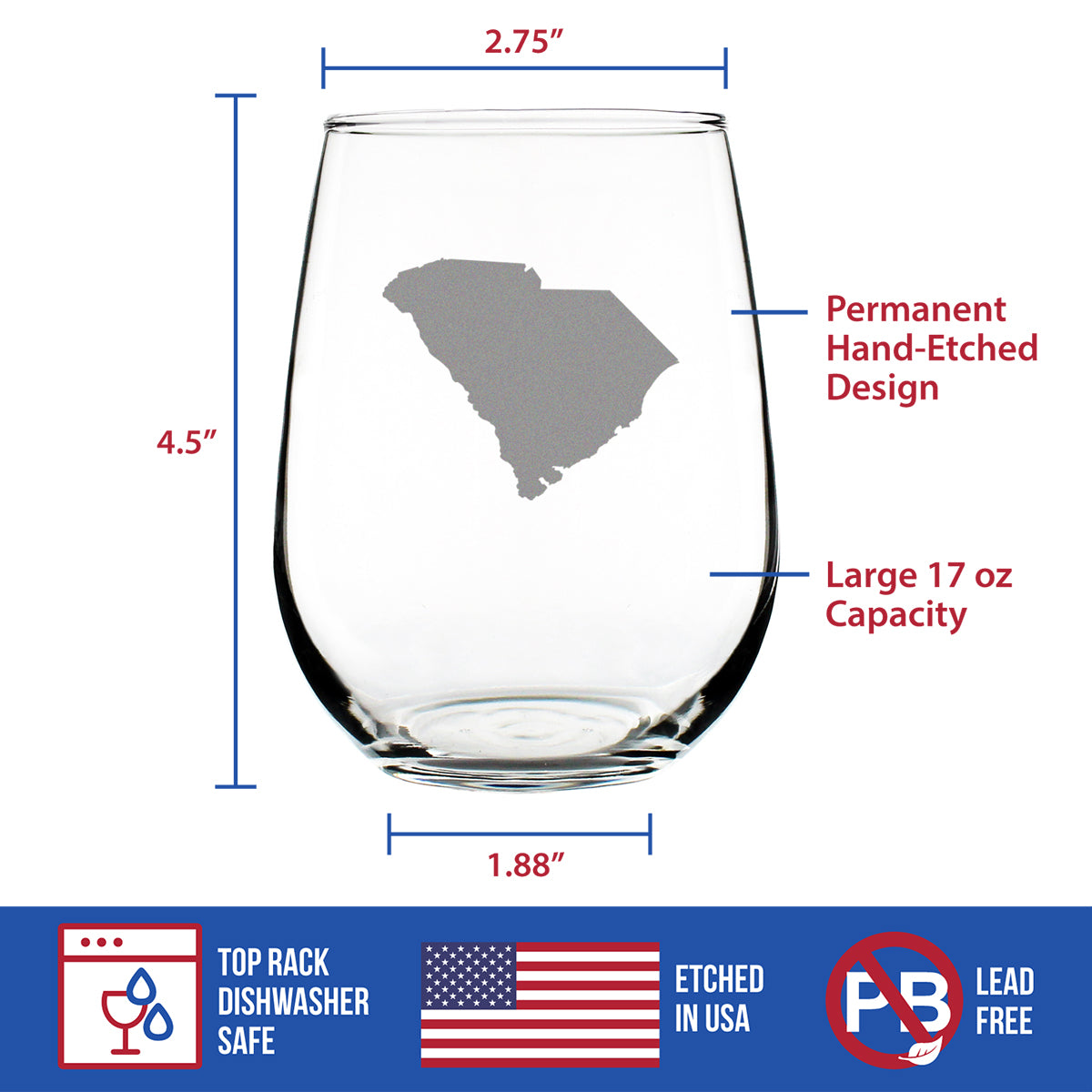 South Carolina State Outline Stemless Wine Glass - State Themed Drinking Decor and Gifts for South Carolinian Women &amp; Men - Large 17 Oz Glasses
