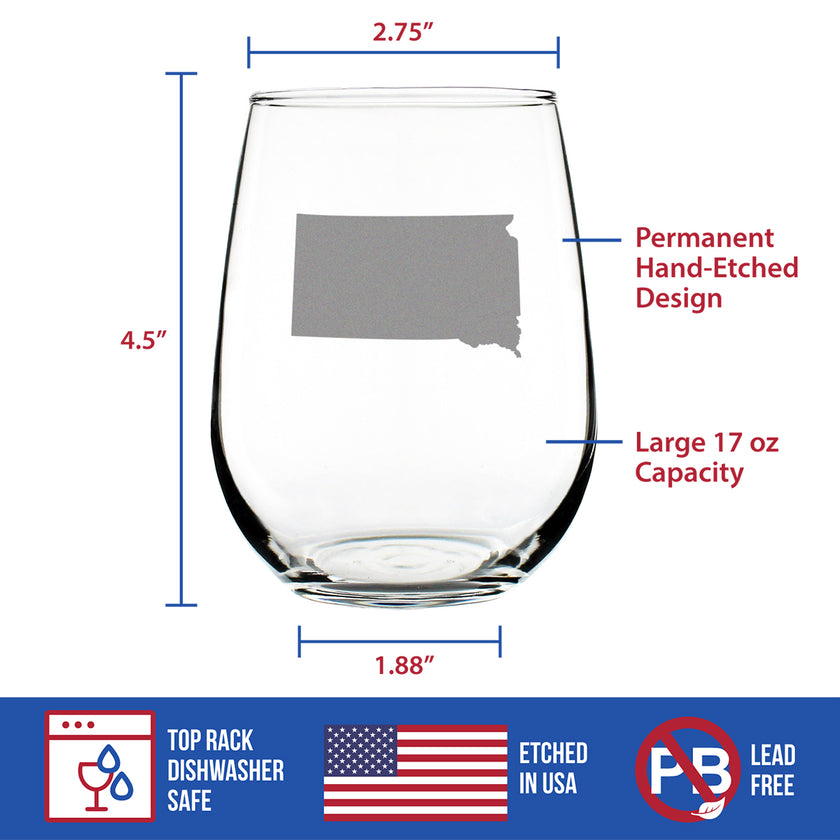 South Dakota State Outline Stemless Wine Glass - State Themed Drinking Decor and Gifts for South Dakotan Women & Men - Large 17 Oz Glasses