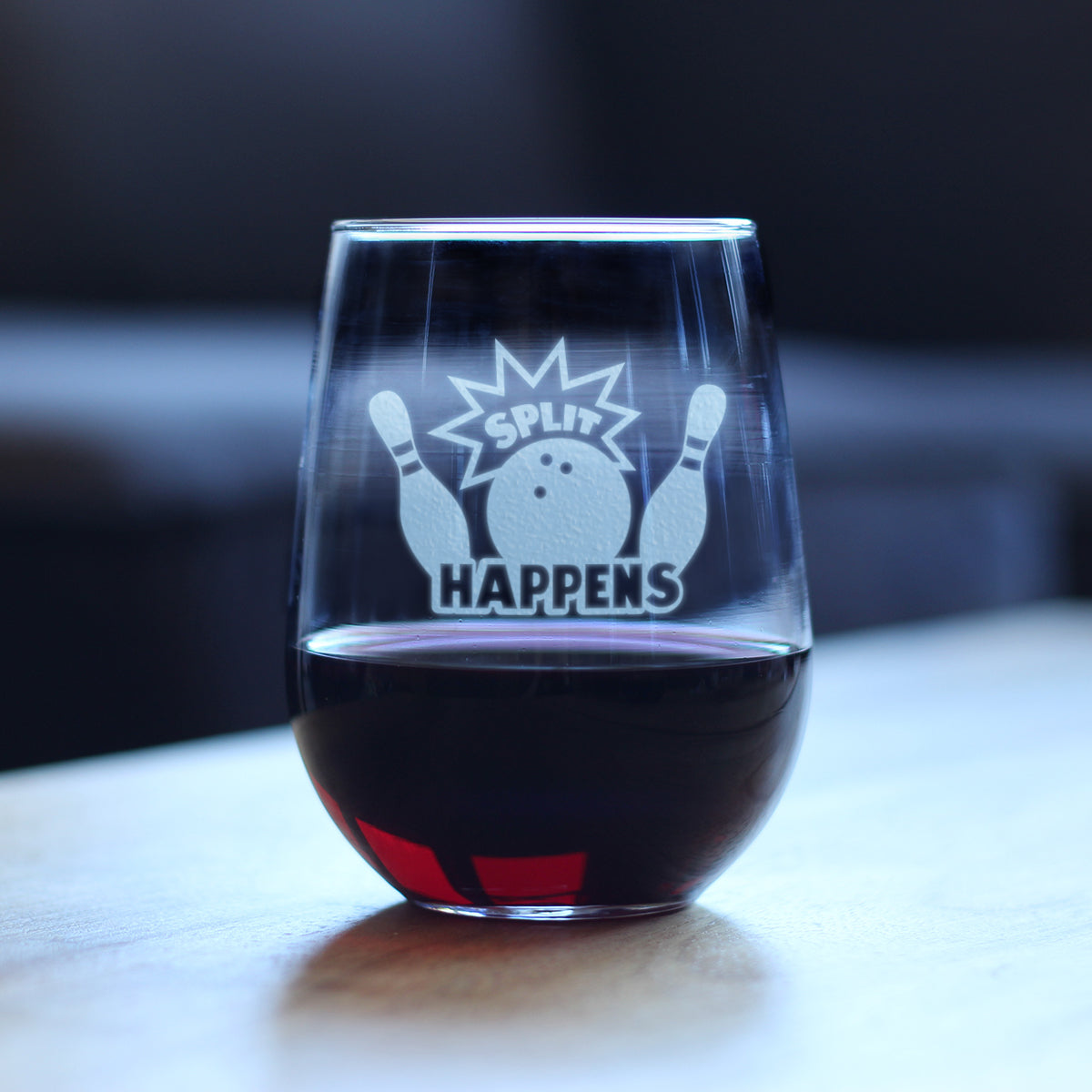 Split Happens - Stemless Wine Glass - Funny Bowling Themed Gifts and Decor for Bowlers - Large 17 Oz Glass