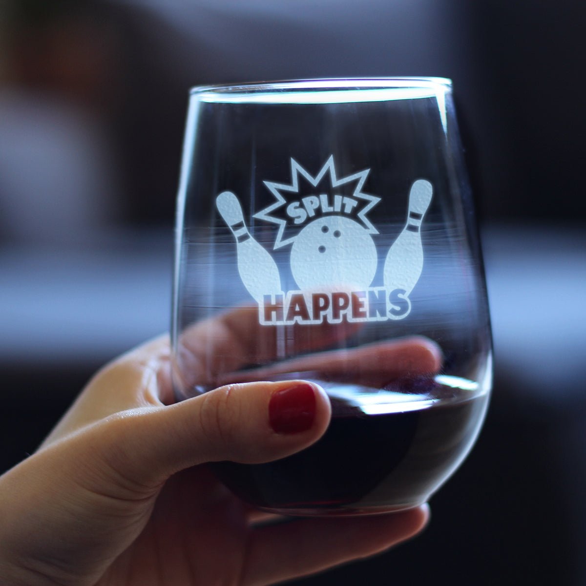 Split Happens - Stemless Wine Glass - Funny Bowling Themed Gifts and Decor for Bowlers - Large 17 Oz Glass