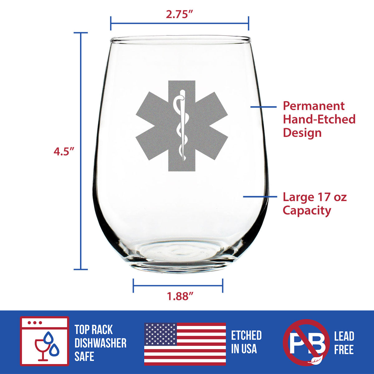EMT Star of Life Stemless Wine Glass - EMS Themed Gifts for Paramedics and EMTS - Large 17 oz