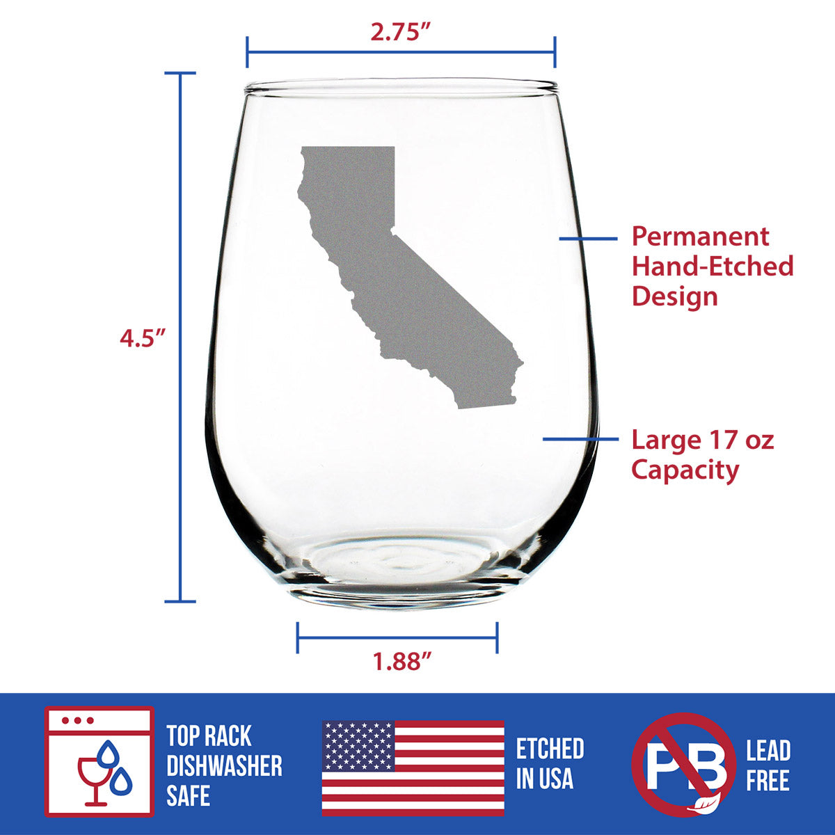 California State Outline Stemless Wine Glass - State Themed Drinking Decor and Gifts for Californian Women &amp; Men - Large 17 Oz Glasses
