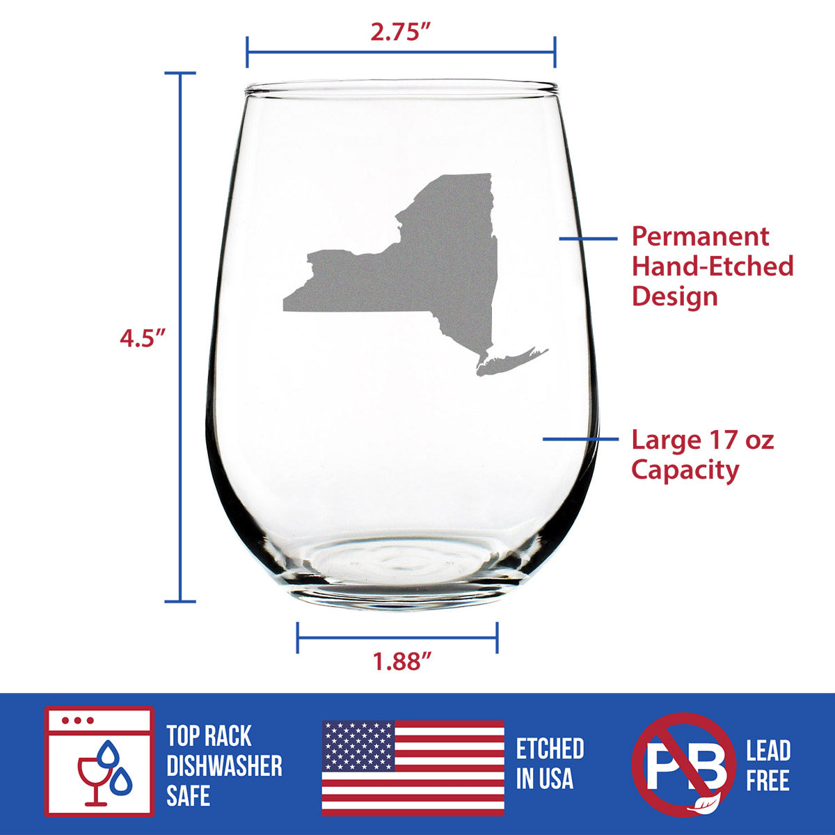 New York State Outline Stemless Wine Glass - State Themed Drinking Decor and Gifts for New Yorker Women &amp; Men - Large 17 Oz Glasses