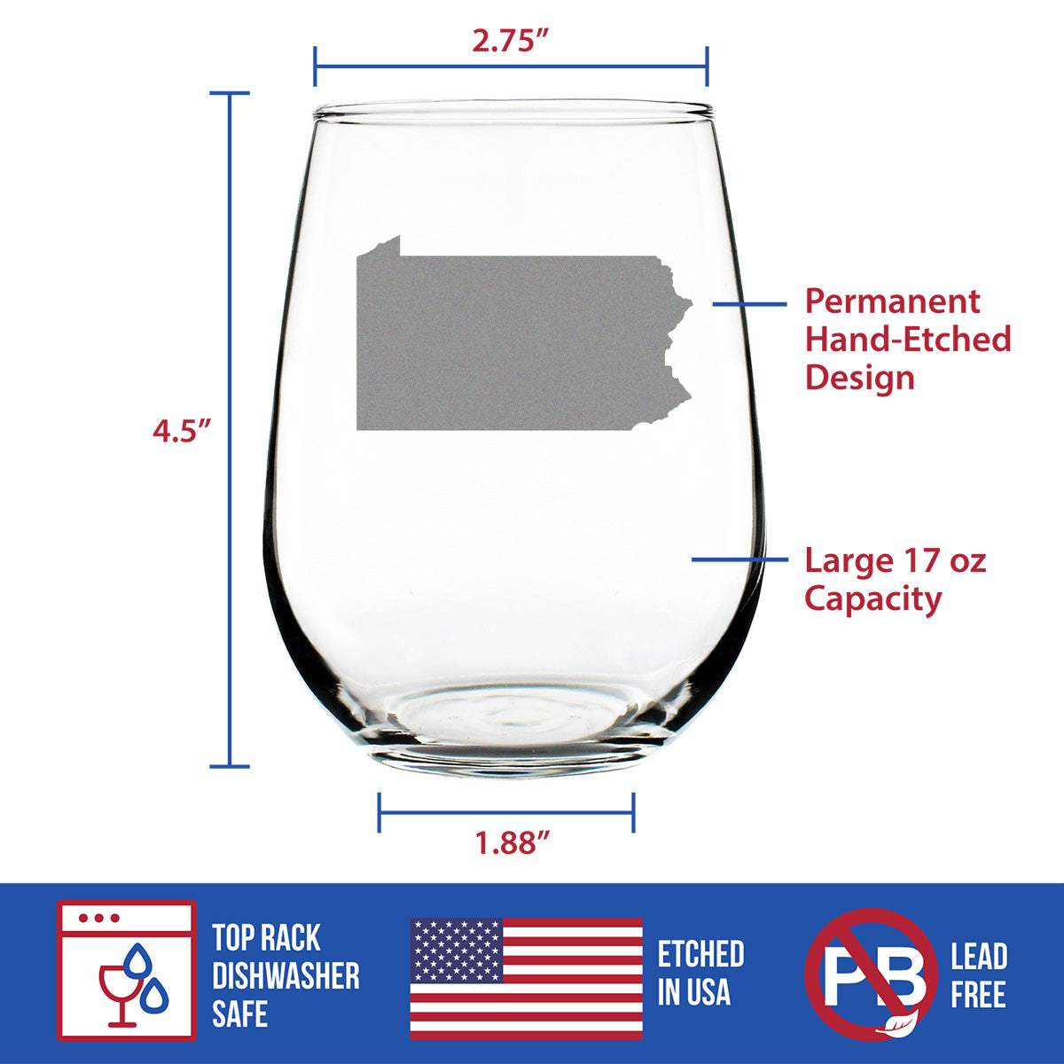 Pennsylvania State Outline Stemless Wine Glass - State Themed Drinking Decor and Gifts for Pennsylvanian Women &amp; Men - Large 17 Oz Glasses