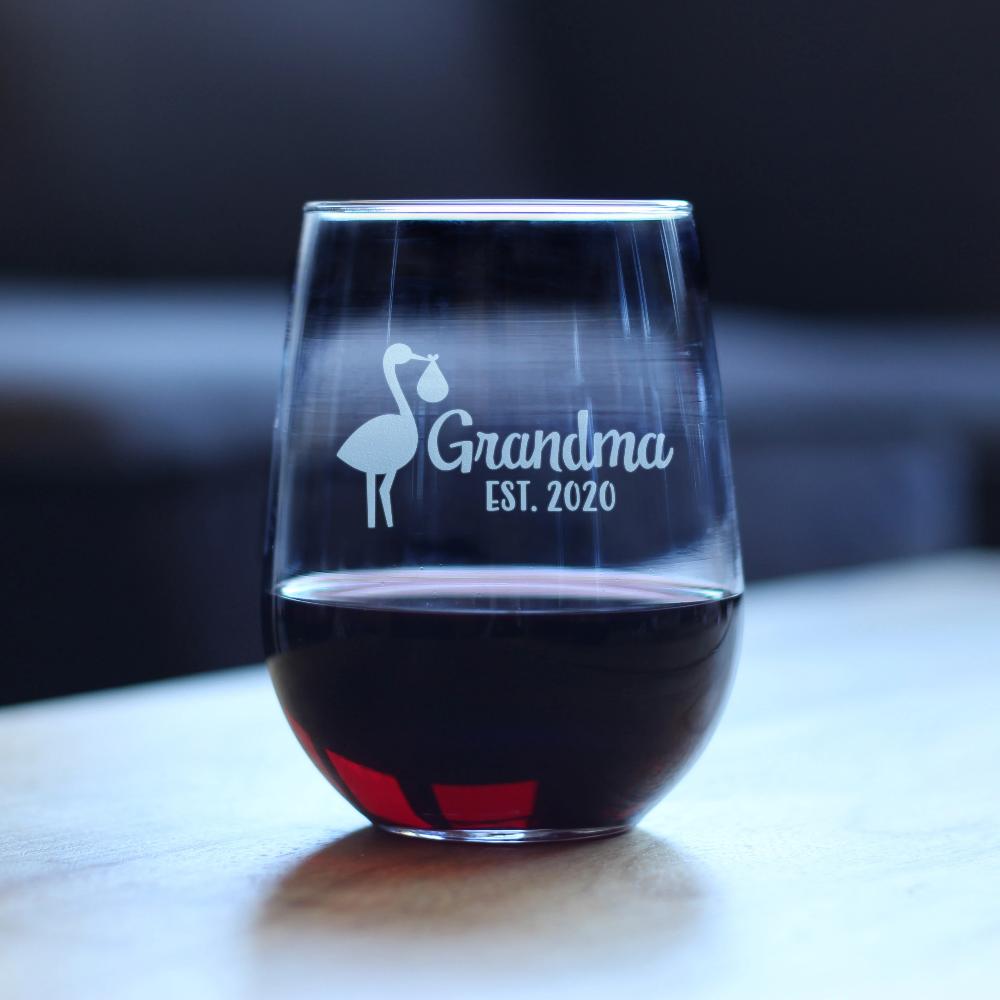 Grandma Est 2020 with Stork - New Grandmother Stemless Wine Glass Gift for First Time Grandparents - Large Glasses