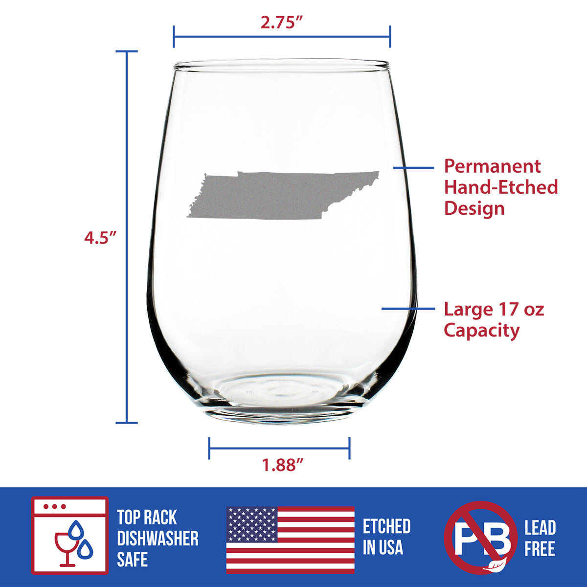 Tennessee State Outline Stemless Wine Glass - State Themed Drinking Decor and Gifts for Tennessean Women &amp; Men - Large 17 Oz Glasses