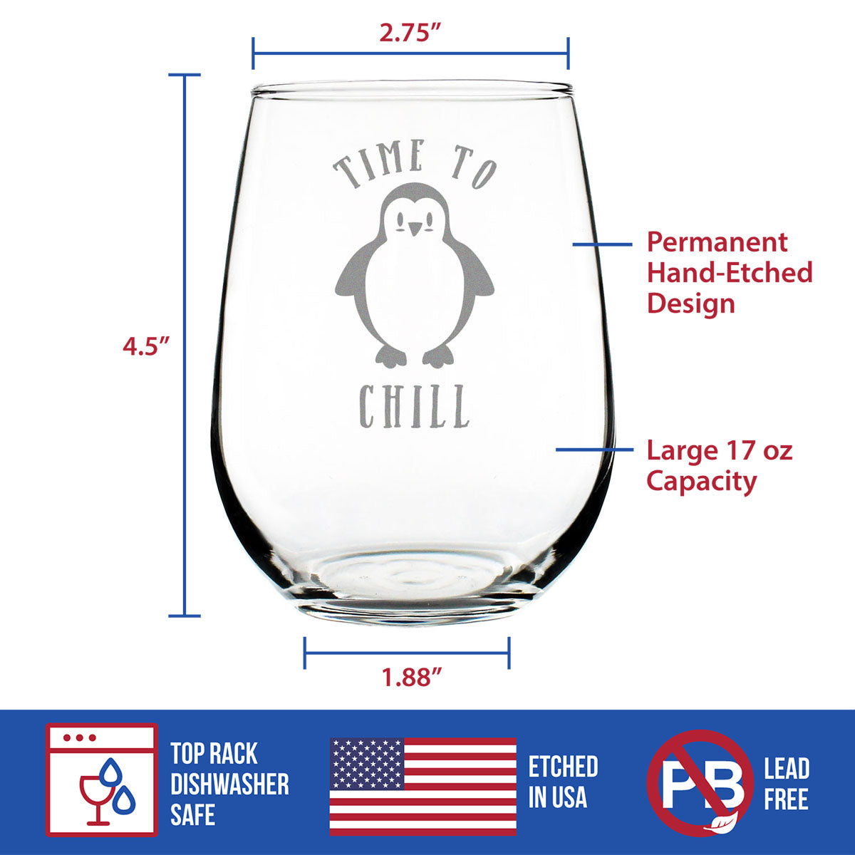 Time to Chill - Stemless Wine Glass - Funny Cute Penguin Themed Gifts and Decor - Large 17 oz