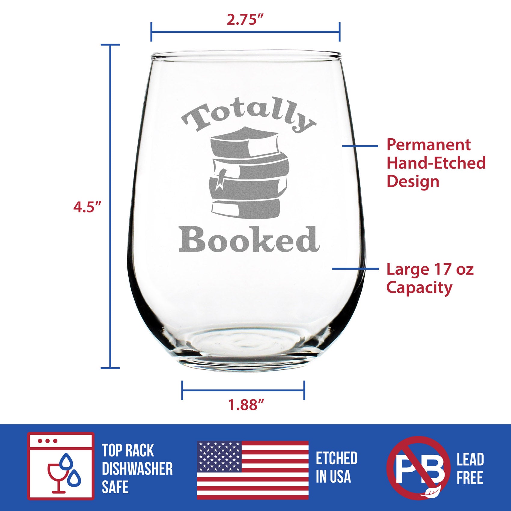 Totally Booked - Stemless Wine Glass - Cute Funny Book Club Gifts for Lovers of Reading & Fun Librarians - Large