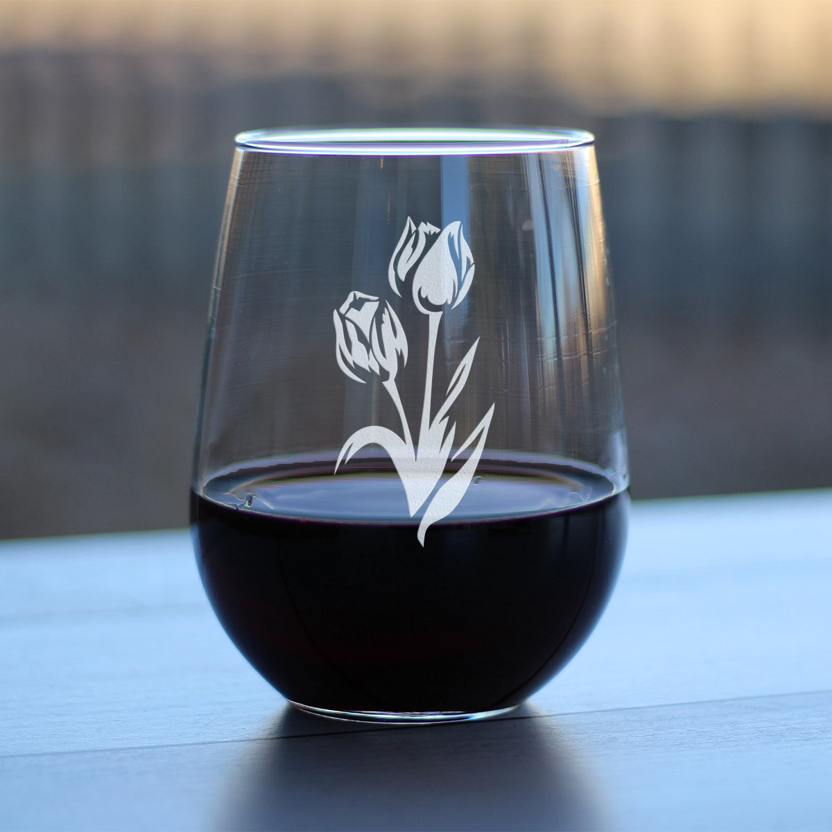 Tulip Stemless Wine Glass - Floral Themed Decor and Gifts for Flower Lovers - Large 17 Oz Glasses