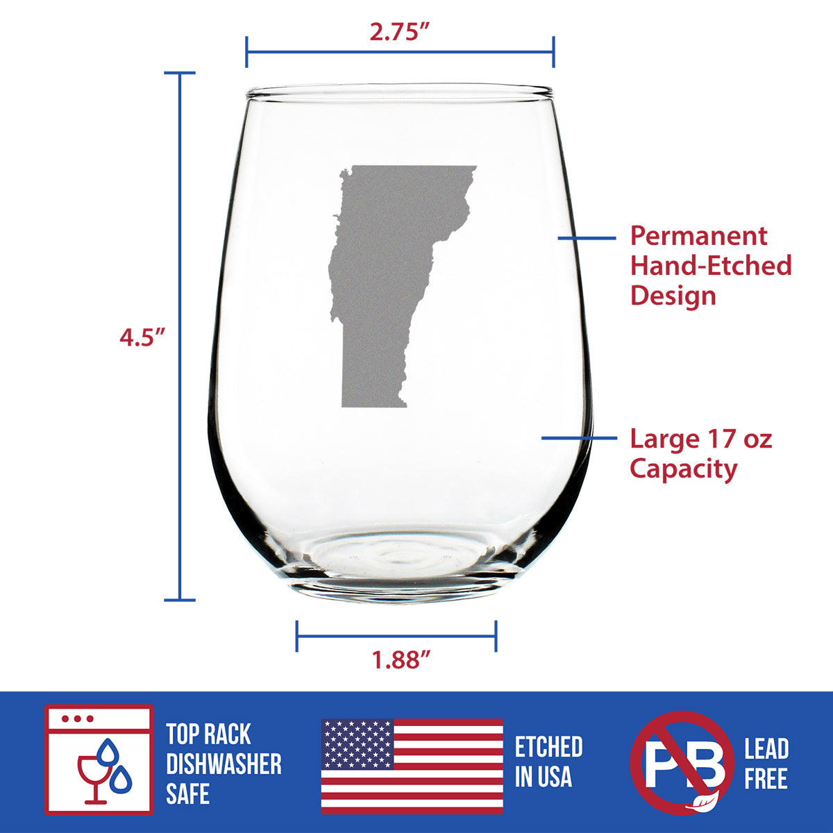 Vermont State Outline Stemless Wine Glass - State Themed Drinking Decor and Gifts for Vermonter Women &amp; Men - Large 17 Oz Glasses