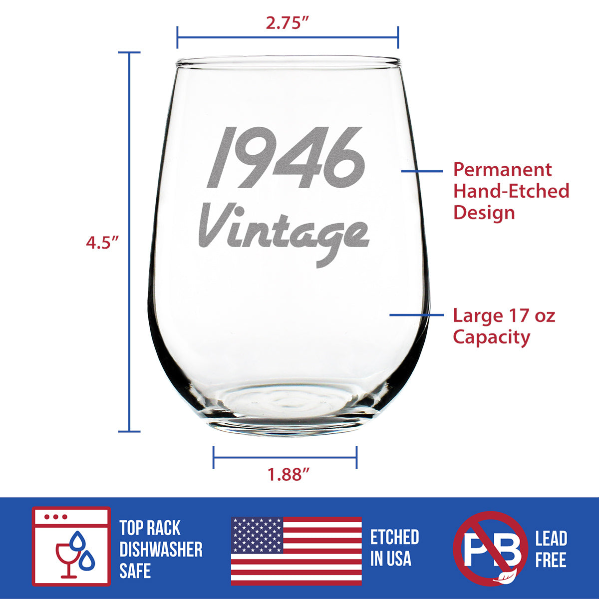 Vintage 1946 - 78th Birthday Stemless Wine Glass Gifts for Women &amp; Men Turning 78 - Bday Party Decor - Large Glasses