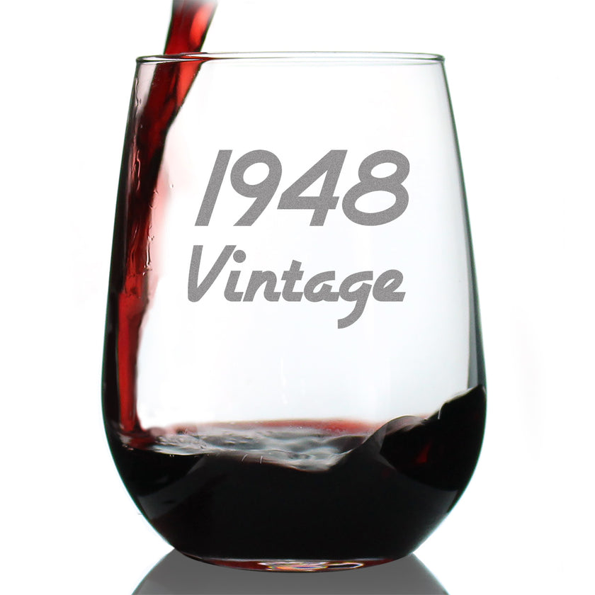 Vintage 1948 - 78th Birthday Stemless Wine Glass Gifts for Women & Men Turning 78 - Bday Party Decor - Large Glasses