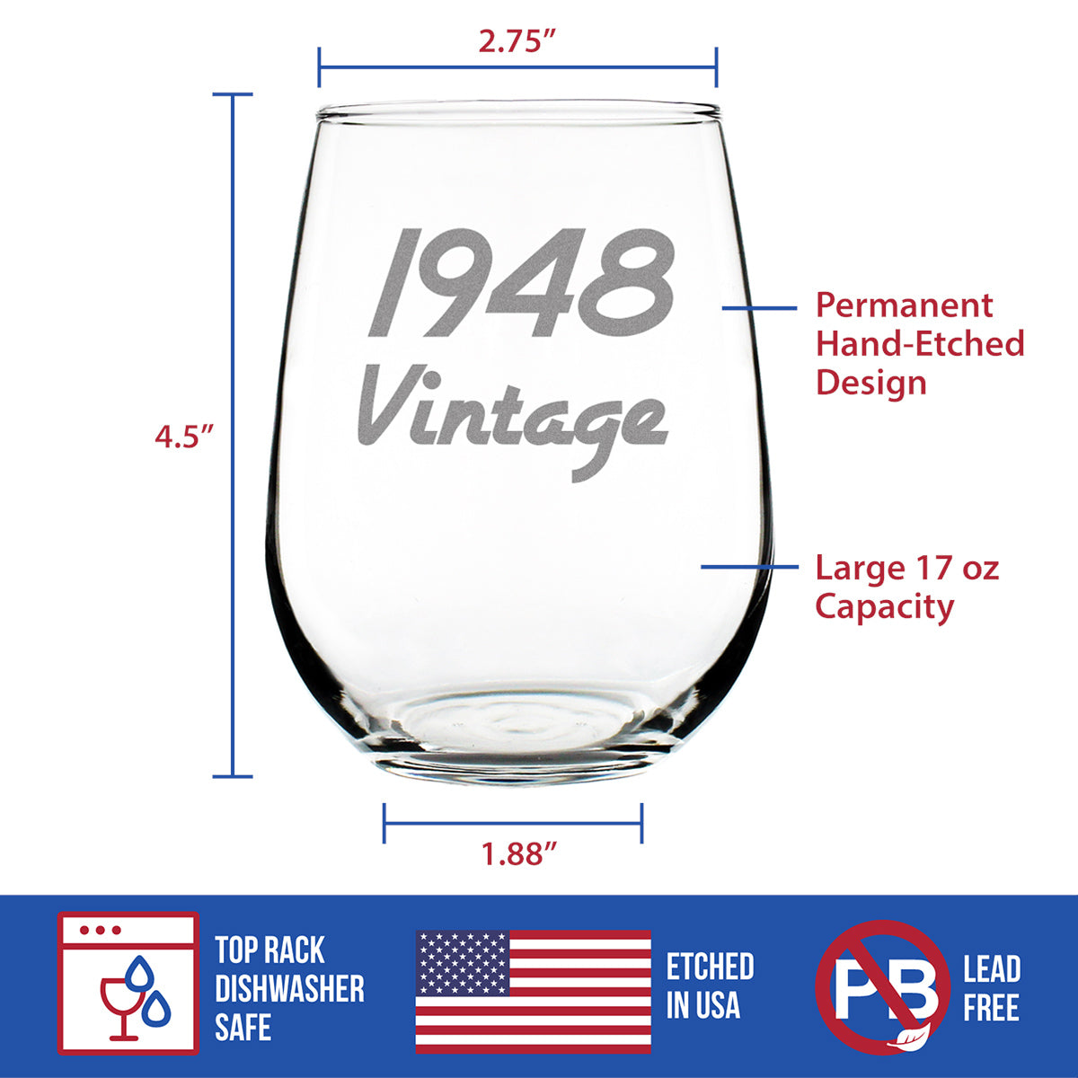 Vintage 1948 - 76th Birthday Stemless Wine Glass Gifts for Women &amp; Men Turning 76 - Bday Party Decor - Large Glasses