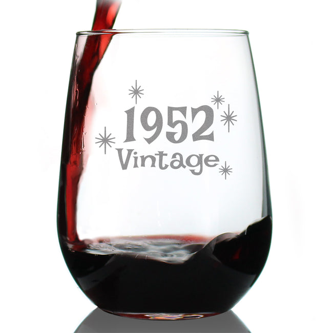 Vintage 1952 - 74th Birthday Stemless Wine Glass Gifts for Women & Men Turning 74 - Bday Party Decor - Large Glasses
