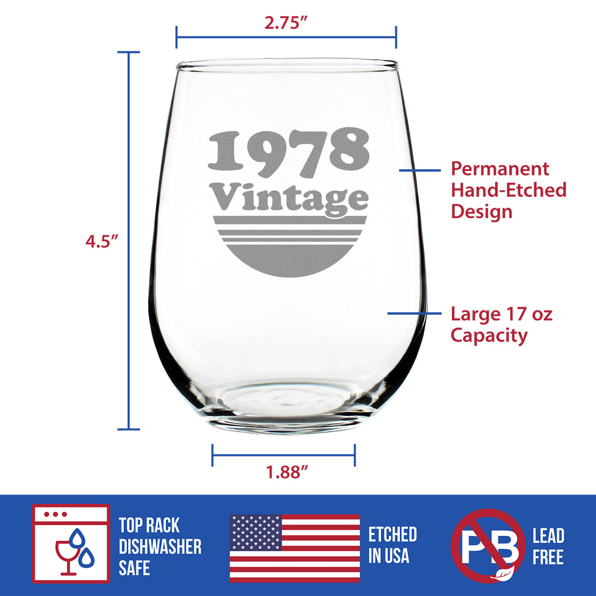Vintage 1978-45th Birthday Stemless Wine Glass Gifts for Women &amp; Men Turning 45 - Bday Party Decor - Large Glasses