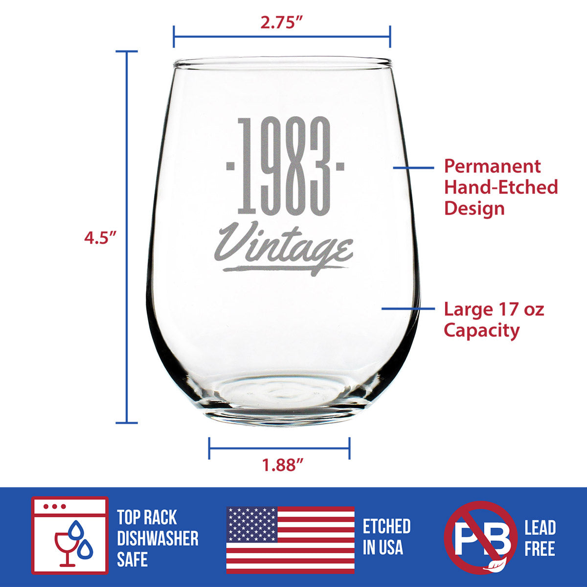 Vintage 1983 - 41st Birthday Stemless Wine Glass Gifts for Women &amp; Men Turning 41 - Bday Party Decor - Large Glasses