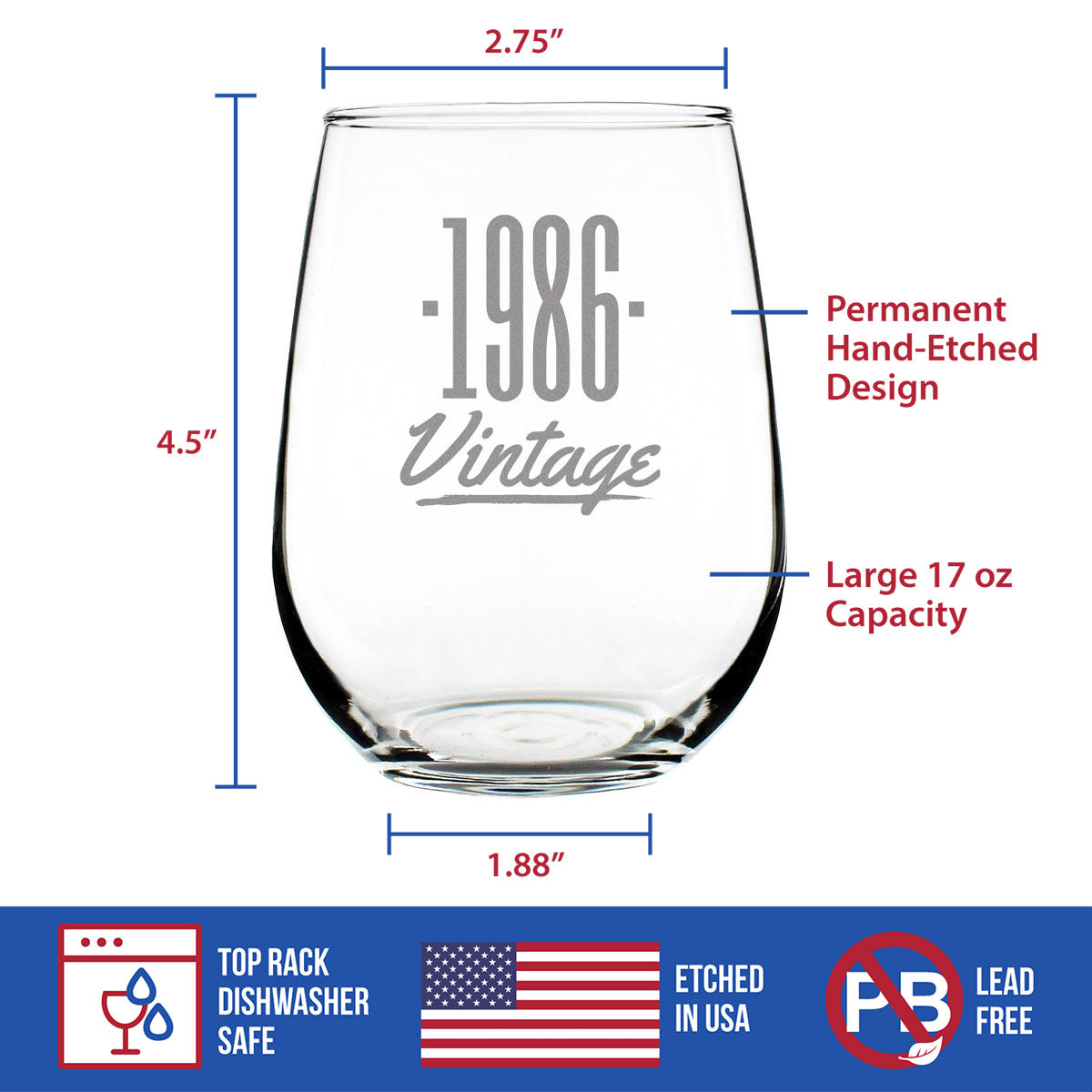 Vintage 1986 - 38th Birthday Stemless Wine Glass Gifts for Women &amp; Men Turning 38 - Bday Party Decor - Large Glasses