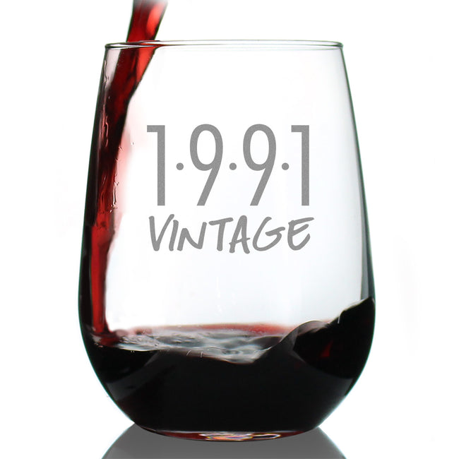 Vintage 1991 - 35th Birthday Stemless Wine Glass Gifts for Women & Men Turning 35 - Bday Party Decor - Large Glasses