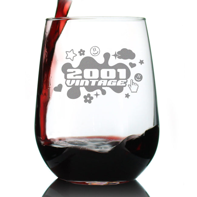 Vintage 2001 - 25th Birthday Stemless Wine Glass Gifts for Women & Men Turning 25 - Bday Party Decor - Large 17 Oz Wine Glasses