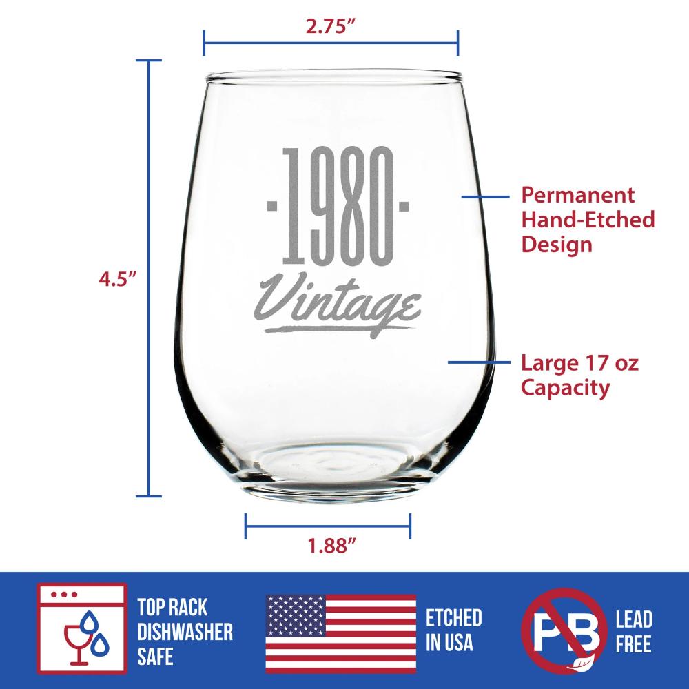 Vintage 1980-43rd Birthday Stemless Wine Glass Gifts for Women &amp; Men Turning 43 - Bday Party Decor - Large Glasses